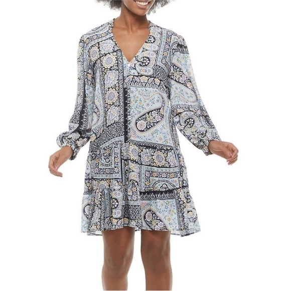 Emma & Michele Dresses & Skirts - Emma & Michele Long Sleeve Paisley Dress - Black, Blue, Cream